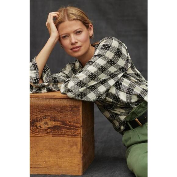 Anthropologie Pilcro Breezy Plaid Buttondown Top XS Check Textured Long Sleeve - Picture 2 of 13